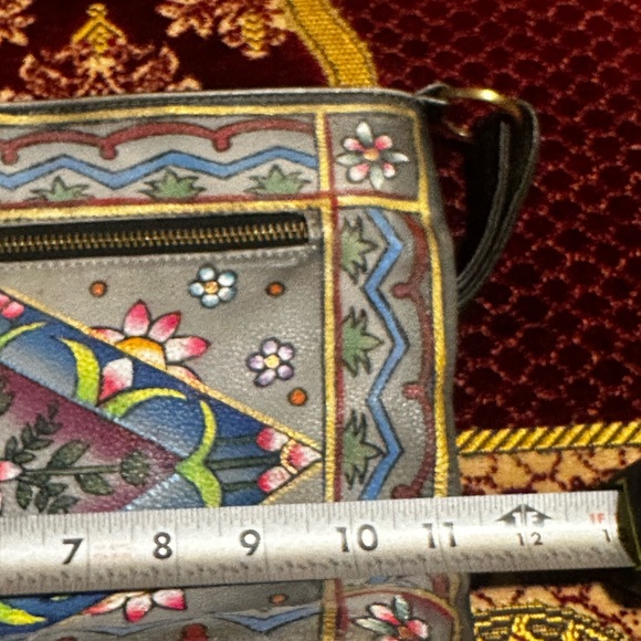 Floriana‎ Floral Hand Painted Black Leather Boho Crossbody Purse - Picture 10 of 12